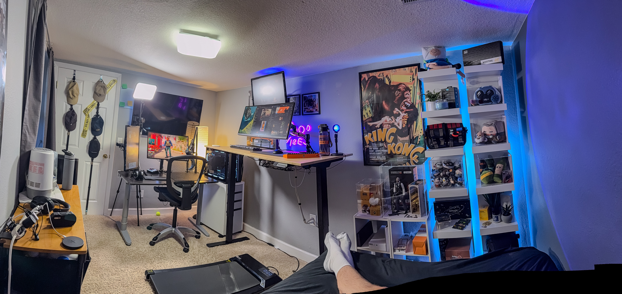 Desk setup with both productivity and gaming, lights on